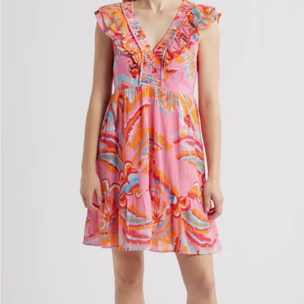 Hatley Blooming Palms Zoe Pink Multicolor Ruffled V-Neck Summer Dress size L